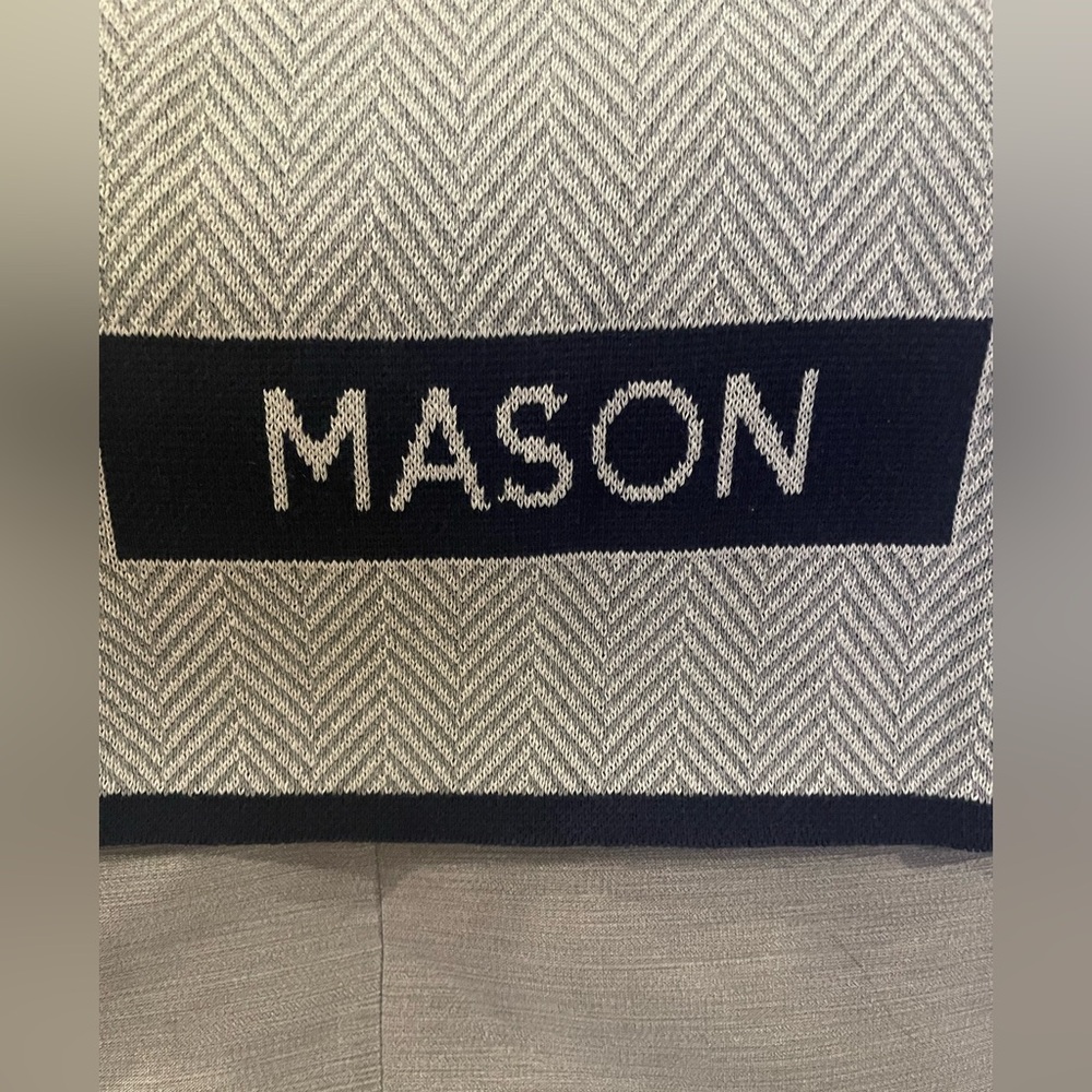 In2Green recycled cotton baby boy personalized herringbone blanket. Name Mason.